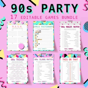 Giochi per feste anni '90, idee per attività a tema anni Novanta, quiz vintage rosa acquamarina, quiz sulle emoji di Memphis, citazioni di film di Pictionary, quiz musicali NT1