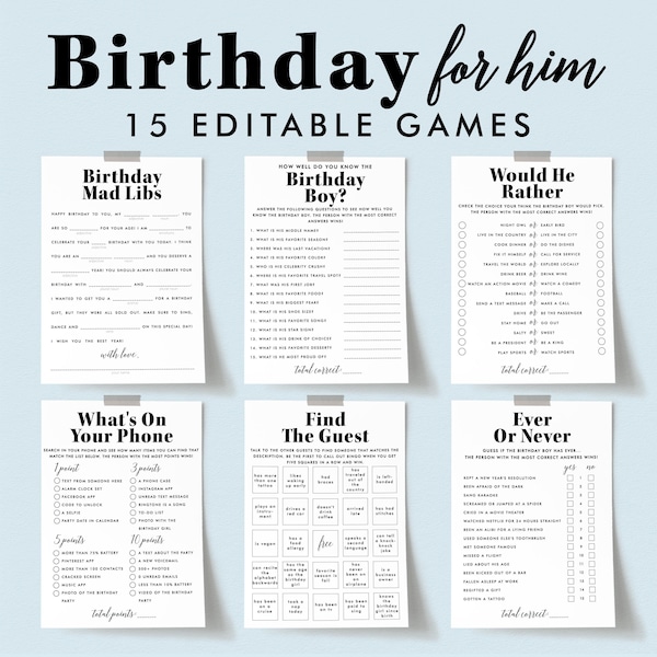 Minimalist Birthday Games for Him Modern Bday Party Activity for Men Funny Mad Libs Printable Dear Birthday Boy Wishes and Advice Cards MV2