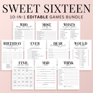 Sweet 16-gamebundel | Sweet Sixteen-activiteitenset 'Wie kent haar het beste' Bewerkbare gepersonaliseerde ideeën voor een verjaardagsfeestje voor tieners voor meisjes MV1