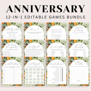 Paquete de juegos imprimibles para fiesta de aniversario de bodas de cítricos: 25.º, 30.º, 40.º y 50.º aniversario. Encuentra al invitado. Tarjeta de bingo. Parejas famosas. Disputa familiar. CS1