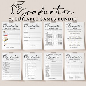 Paquete de juegos para fiesta de graduación, plantilla editable, ideas para actividades de graduación, deseos para la generación de 2024, pelea familiar, emojis, Pictionary OL1