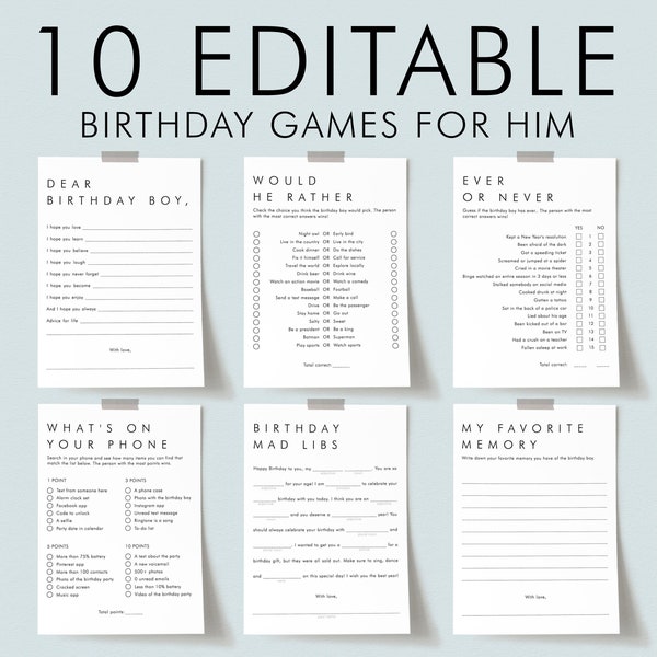 Mens Birthday Games for Him Birthday Party Games Bundle Printable Adult Birthday Games Bundle 20th 30th 35th 40th 50th 60th Birthday Guy AM1