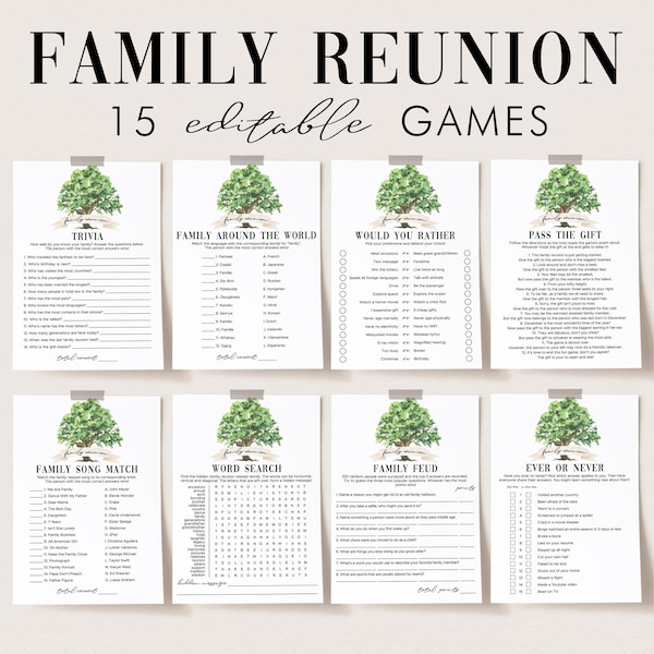 Family Reunion Games Bundle for All Ages Family Member Tree Activities for Adults and Kids Family Reunion Printables Friendly Feud FT1