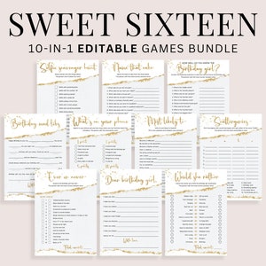 Gold Sweet 16 Games Printable Sweet Sixteen Activity Bundle Editable Personalized Teen Teenager Birthday Party Ideas for Girls Indoor GP3
