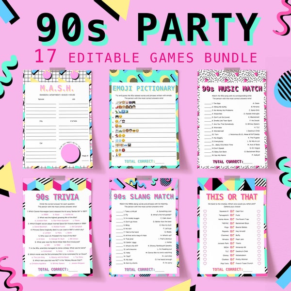 90s Party Games Printable Nineties Themed Activity Idea Vintage Aqua Pink Trivia Memphis Emoji Pictionary Movie Quotes Music Trivia Quiz NT1