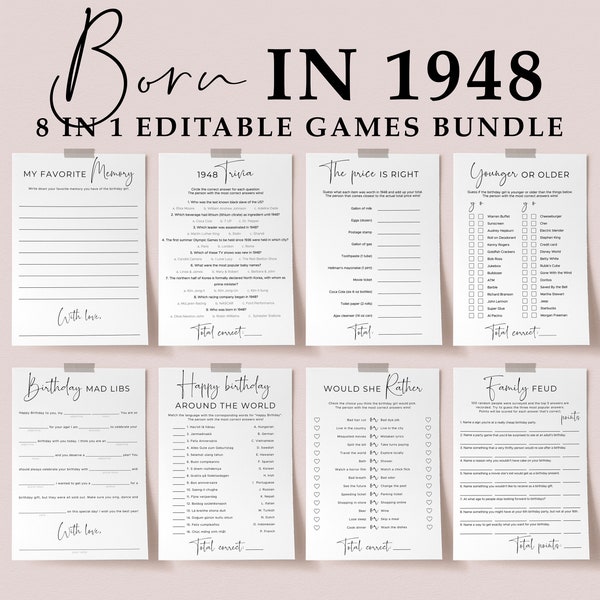 76th Birthday Games Printable Simple Birthday Party Activity Bundle Personalized Bday Bash Gift Ideas for Her Born in 1948 Trivia Quiz SP2
