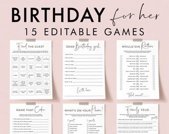 Womens Birthday Games Bundle Printable Adult Games for Birthday Party Digital Download Black and White Theme Calligraphy Simple Modern SP2