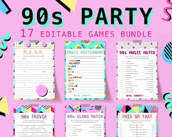 90s Party Games Printable Nineties Themed Activity Idea Vintage Aqua Pink Trivia Memphis Emoji Pictionary Movie Quotes Music Trivia Quiz NT1