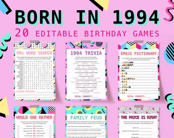 Memphis Birthday Games Bundle Born in 1994 Birthday Party Activities for Her Woman Turning 30th Bday Ideas Rad Vintage Aqua Pink Trivia NT1