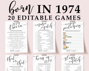 50th Birthday Games Bundle for Him or Her Birthday Party Like Its 1974 Trivia Quiz Born in 1974 Music Match 70s Movie Quotes Questions EL1