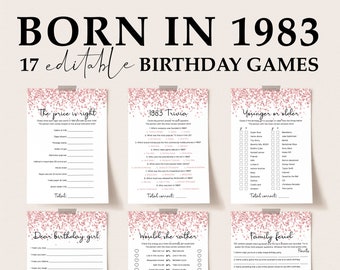 41st Birthday Games Bundle Instant Download Pink Birthday Games for Women Born in 1983 Bday Bash for Her 80s Trivia Would She Rather PC1