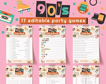 90s Party Games Printable Nineties Themed Activity Idea Vintage Aqua Pink Trivia Retro Emoji Pictionary Movie Quotes Music Trivia Quiz RL1
