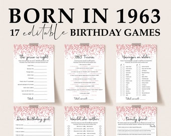 61st Birthday Games Bundle Printable Pink Confetti Birthday Games for Female Born in 1963 Bday Bash for Her 60s Trivia Would She Rather PC1