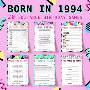 Memphis Birthday Games Bundle Born in 1994 Birthday Party Activities for Her Woman Turning 30th Bday Ideas Rad Vintage Aqua Pink Trivia NT1
