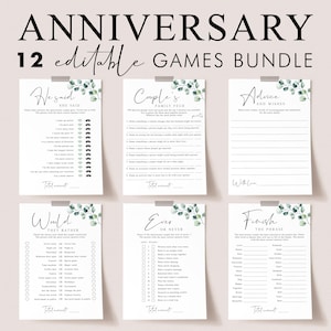 Paquete de juegos para aniversario de bodas, imprimible, con vegetación, para fiestas de aniversario, tarjeta minimalista con consejos para bodas (20, 25, 30, 40 y 50 años) SG2