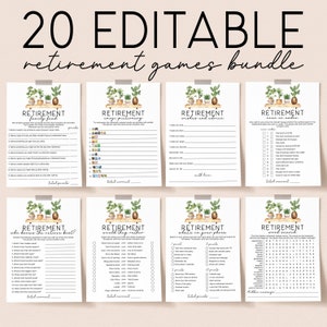 Lot de jeux de jardinage pour la retraite à imprimer, idées d'activités pour la fête d'adieu, plantes en pot, cartes de retraite pour homme ou femme, conseils et souhaits PP1