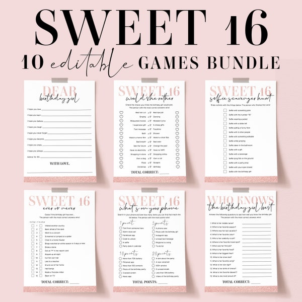 Rose Gold Sweet 16 Games Bundle Printable Turning Sixteen Years Old Activity Pack Editable Birthday Party Ideas for Her Would She Rather SS2