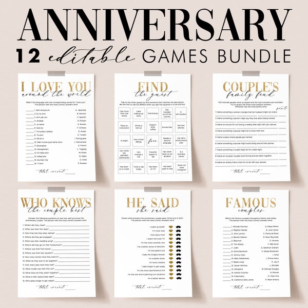 Anniversary Party Games Bundle Printable 25th 30 40 50th Wedding Anniversary Games Find the Guest Bingo Cards Famous Couples Family Feud MV1