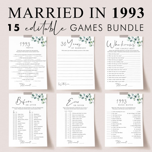 30th Anniversary Party Games Instant Download Married in 1993 Wedding Anniversary Games Greenery Party Decorations Editable Bingo Cards SG2