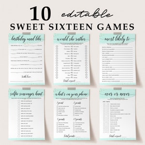 Lot de jeux Sweet Sixteen menthe et or, idées d'activités à imprimer pour son 16e anniversaire pour elle, fête des 16 ans, petite amie, adolescente BG4