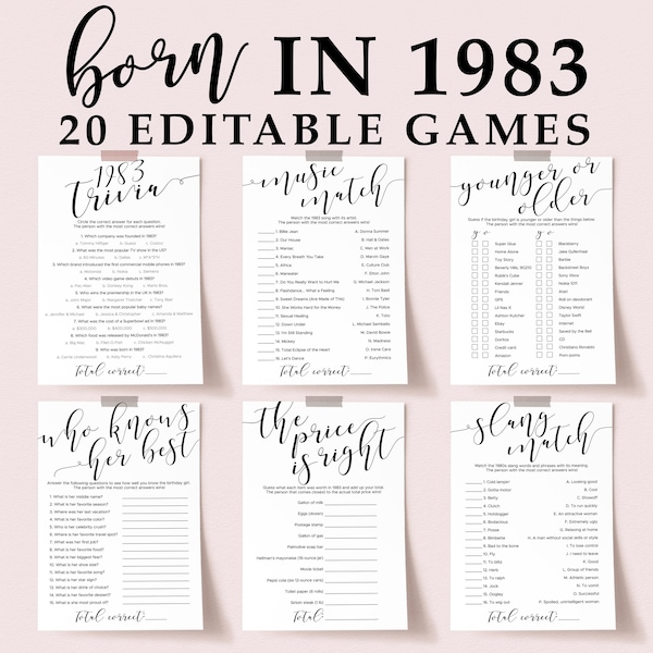 Womens Birthday Games Bundle 41st Birthday Party Games for Her Born in 1983 Trivia Quiz Turning 41 Party Like Its 1983 Personalized Card EL1