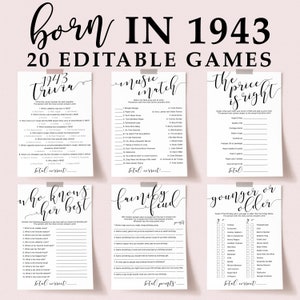 Juegos para su 82 cumpleaños, decoraciones imprimibles para fiestas de cumpleaños, nacidas en 1943, tarjetas de cumpleaños personalizables para mamá, abuela, gran evento EL1