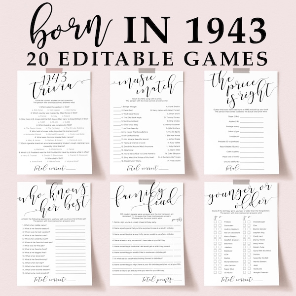 81st Birthday Games for Her Printable Birthday Party Decorations Born in 1943 Personalizable Bday Cards for Mom Grandmother Big Event EL1