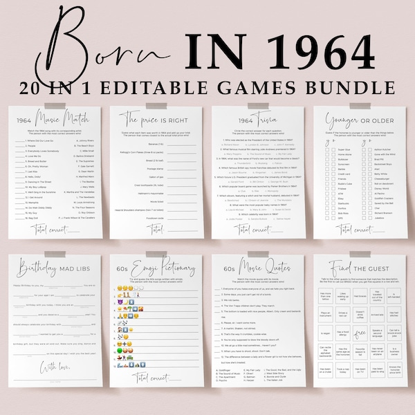 60th Birthday Games Bundle Printable Born in 1964 Birthday Party Pack Bday Activity Ideas for Women Men Turning 60 Years Old 60s Games SP2