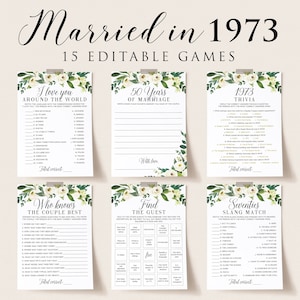 Juegos imprimibles para la fiesta del 52.º aniversario, idea para el aniversario de bodas, juegos para parejas para la fiesta de aniversario, casamiento en 1973, trivia para adultos WR1