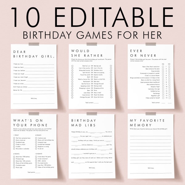 Womens Birthday Games Bundle Printable Minimalist Birthday Party for Her Would She Rather Personalized Bday Bash Dear Birthday Girl Card AM1