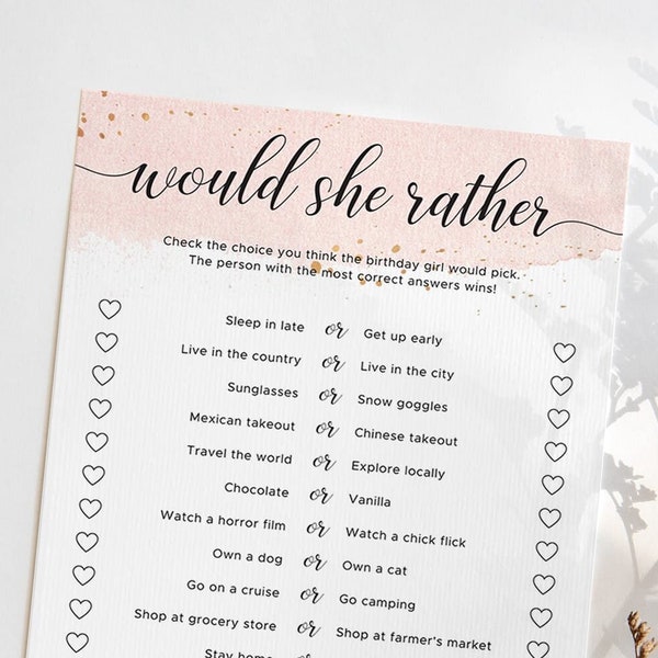 Would She Rather Birthday Game Printable Pink and Gold Theme Bday Party Activity for Her Womens 25th 30th 40th 50th Who Knows Her Best BG4