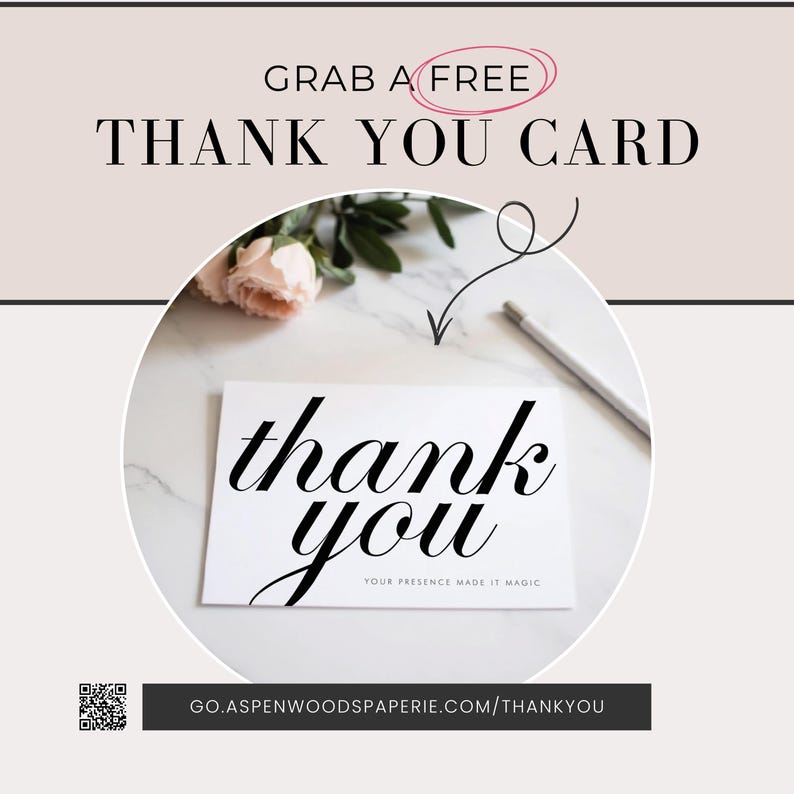 The image is a promotional graphic for a free thank you card. It features a white card with the text "Thank you" written on it, along with a bouquet of flowers and a pen on a marble surface. The text "get a free" is displayed at the top, and "sign up & download for free" is at the bottom.