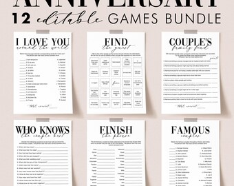 Paquete de juegos de aniversario de bodas: juegos imprimibles minimalistas para fiestas de aniversario en grupo, eventos de aniversario modernos (10, 25, 35, 45 y 50 MV1)