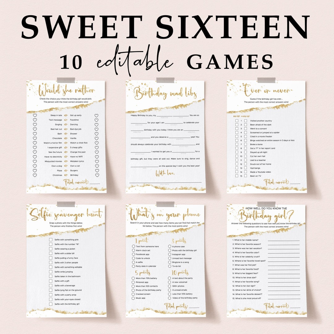 Gold Sweet 16 Games Printable Sweet Sixteen Activity Bundle