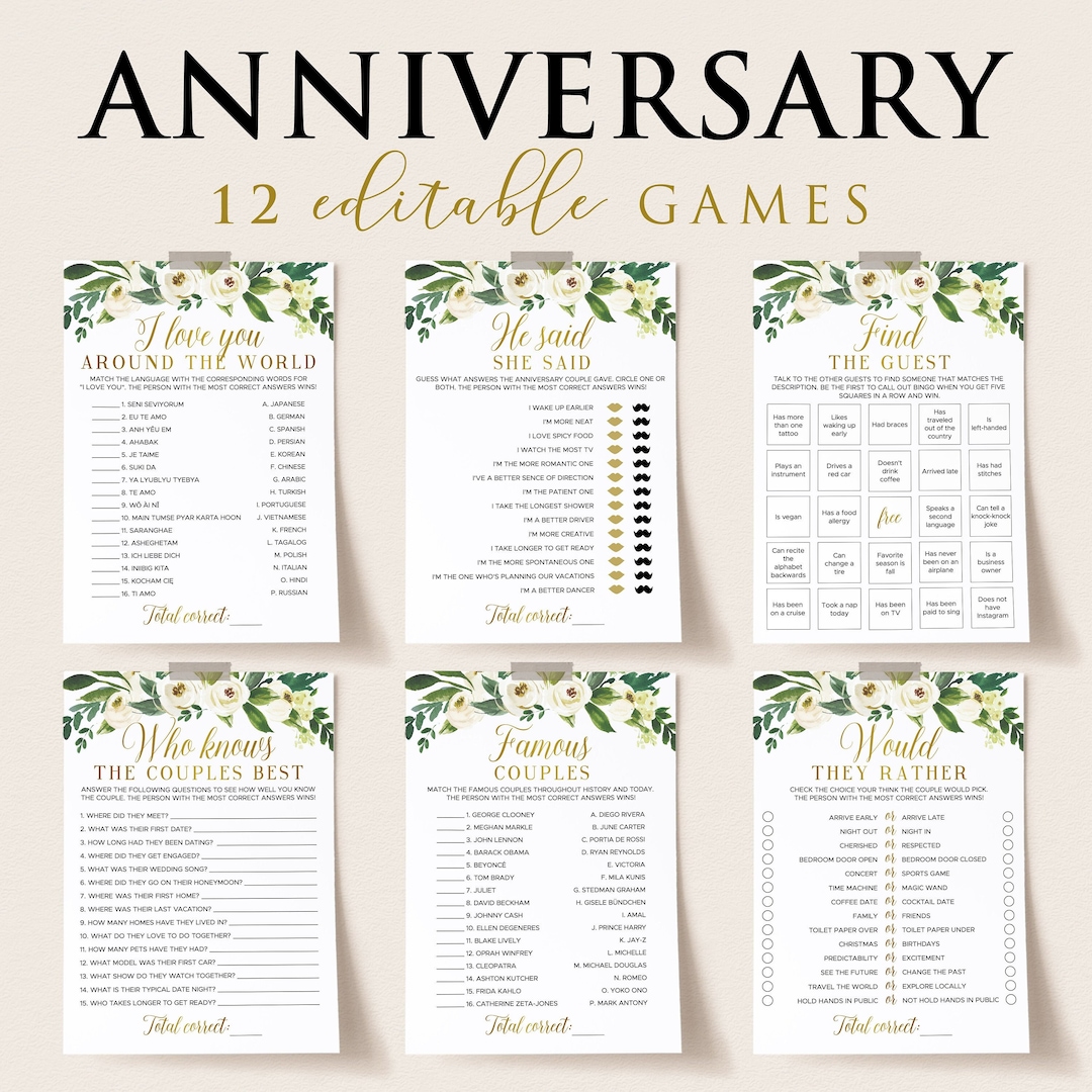 Floral Anniversary Party Games Bundle Printable 25th 30 40 50th Wedding ...