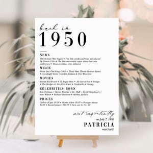 75th Birthday Party Decor 75th Birthday Table Sign Born in 1950 Trivia Card 75th Party Birthday Gift for Her for Him Way Back in 1950 MV1
