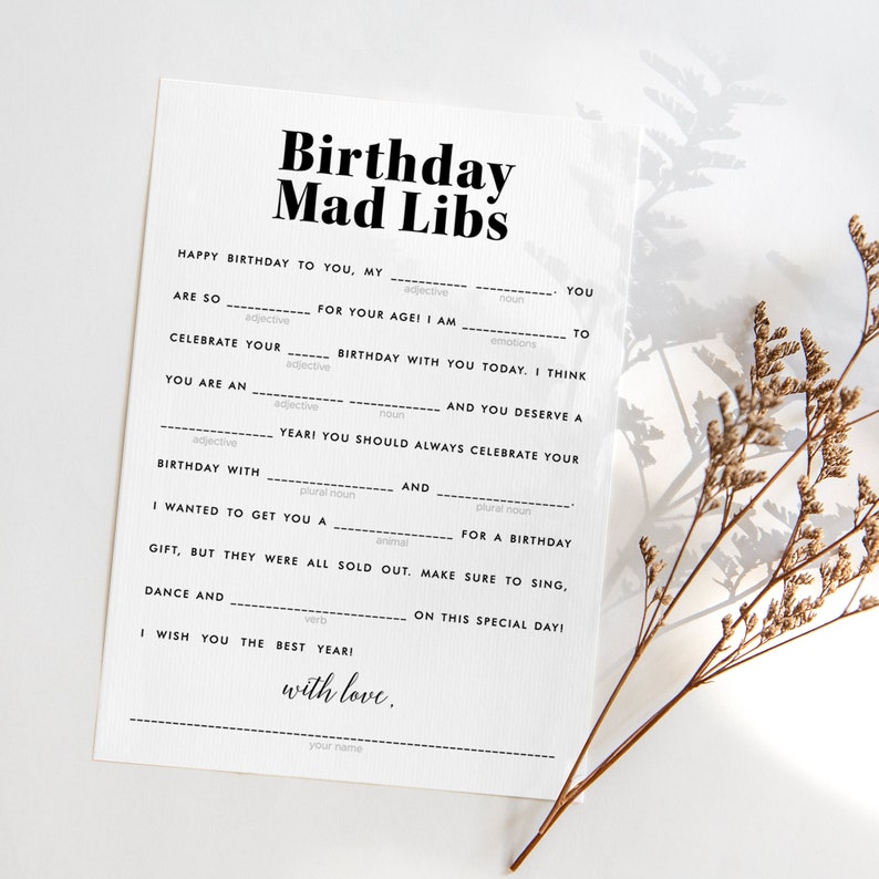 Birthday Mad Libs Printable Modern Birthday Party Games Gender Neutral ...