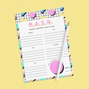 90s Party M.A.S.H. Printable Bachelorette Party Game Idea Pink and Aqua MASH Game Nineties Theme Girl Birthday Bash Instant Download NT1
