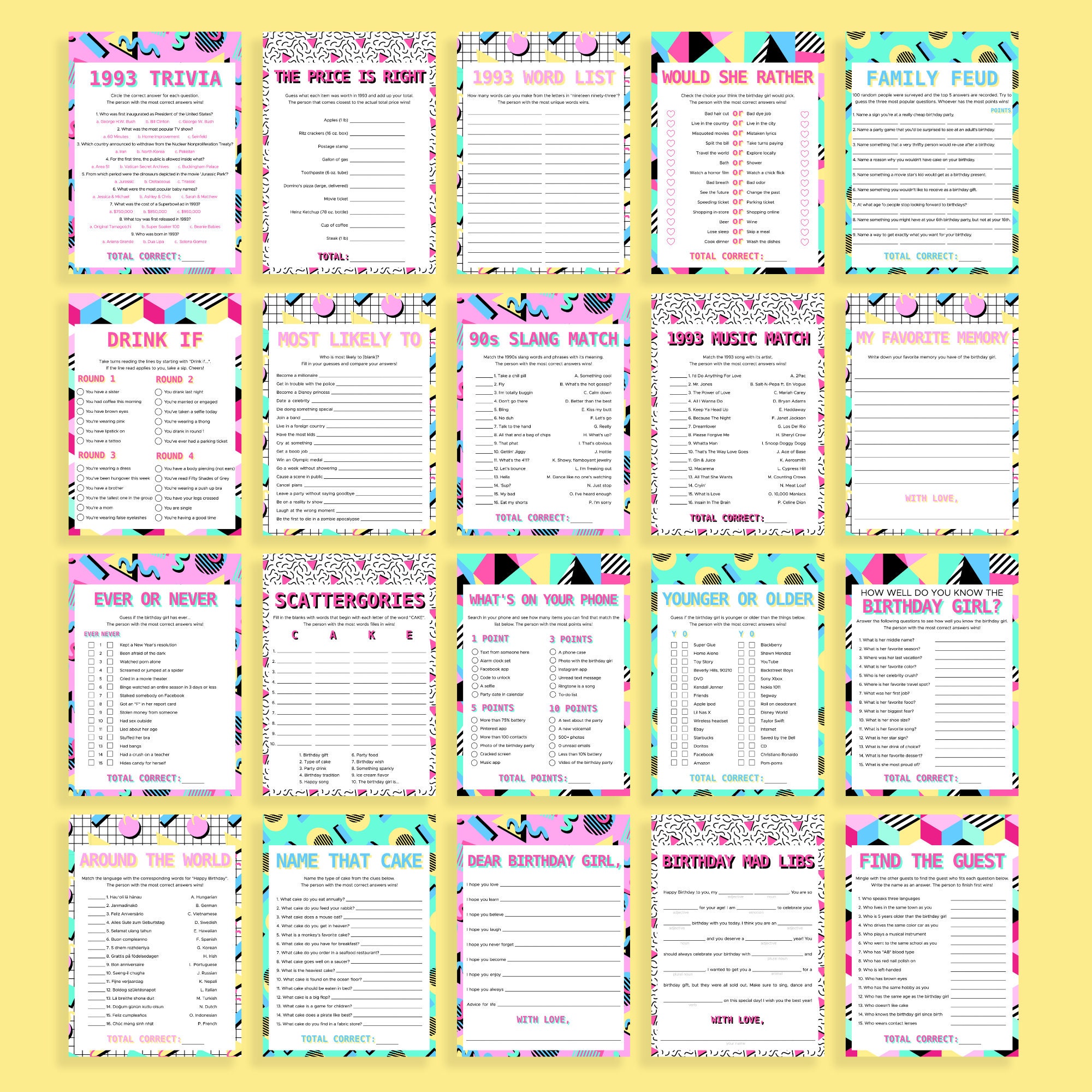 90s Themed Birthday Games Printable Born in 1993 Bday Party Activities ...