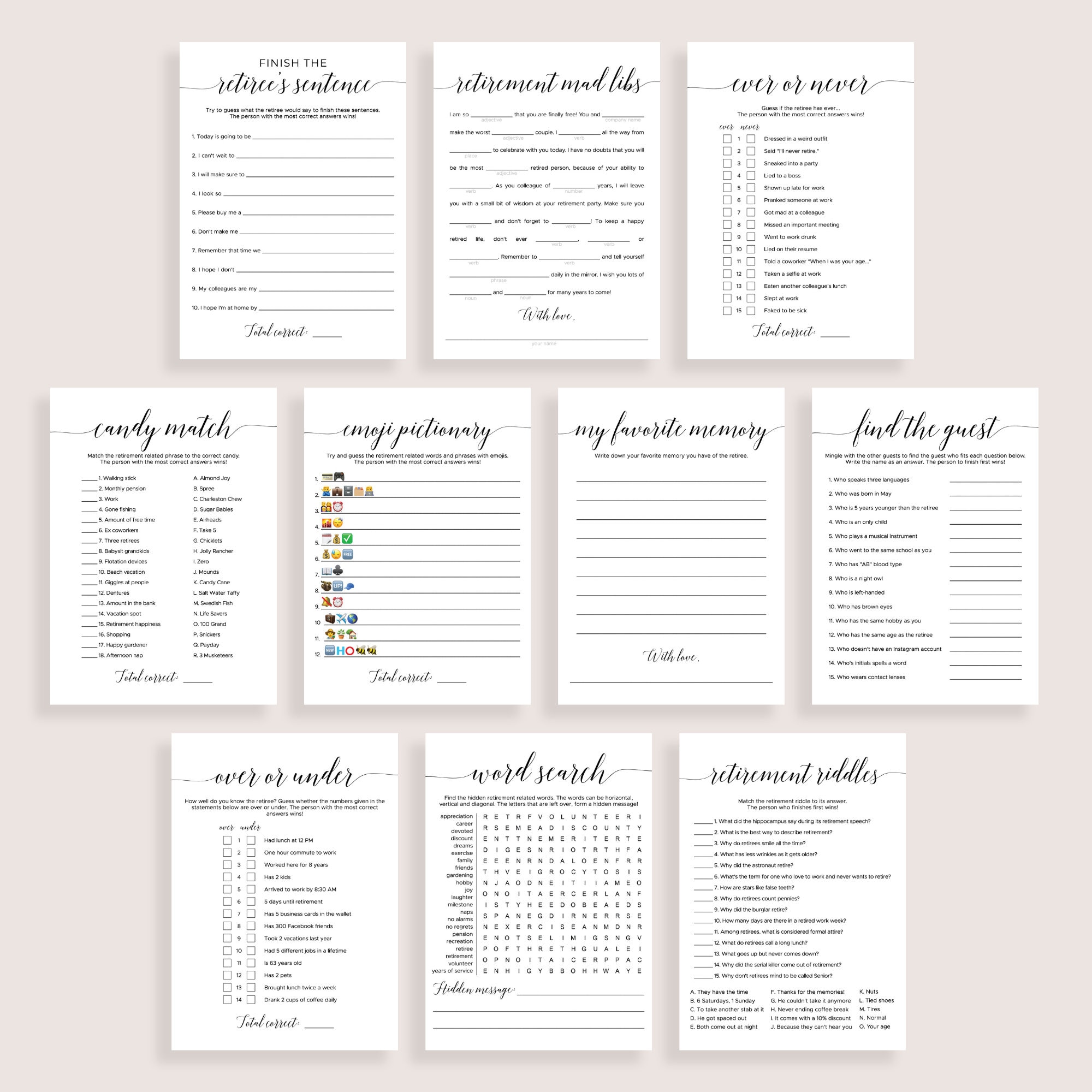 Retirement Party Games Printable Retirement Party Activities for ...