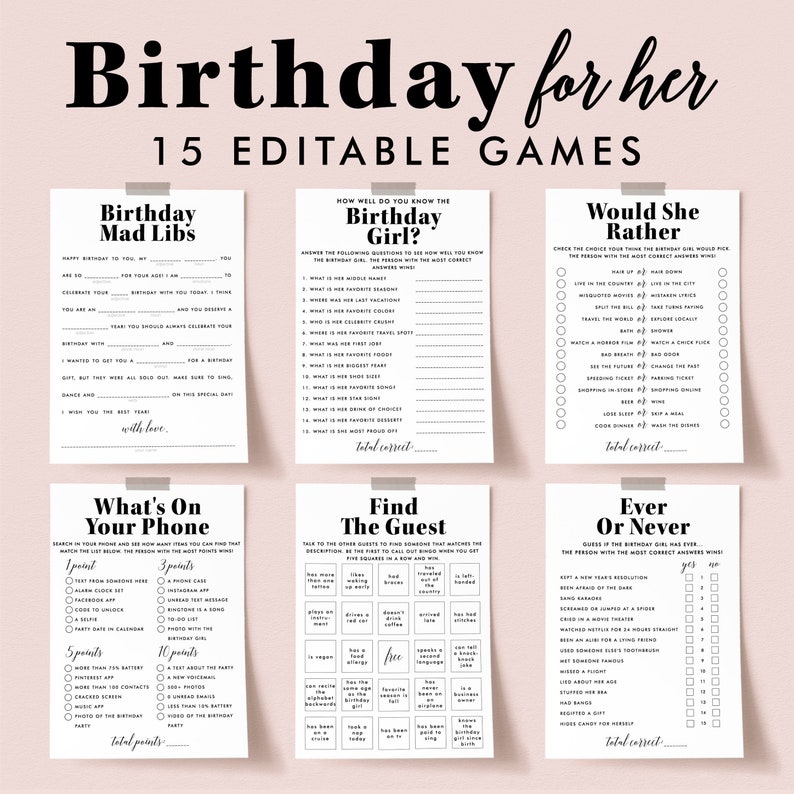 Modern Birthday Games for Her Minimalist Bday Party Activity Ideas for ...