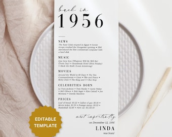 70th Birthday Party Decorations 70th Bday Place Cards 70th Born in 1956 Table Card 70th Party Birthday Gift for Her for Him Back in 1956 MV1