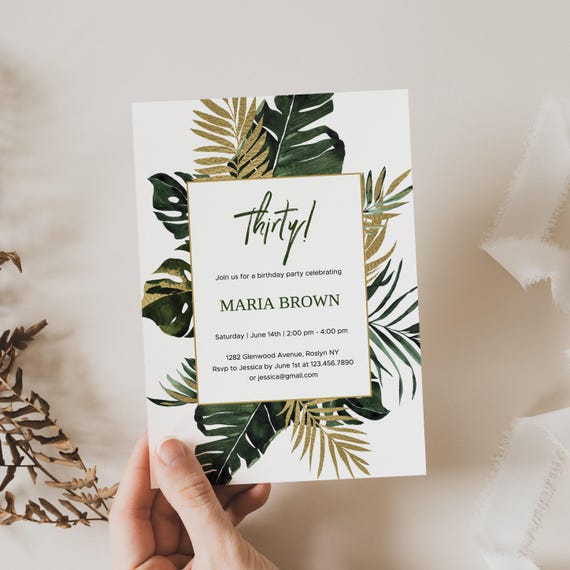 Gold and Green Birthday Invitation Template Editable Birthday Invite Printable Tropical Bday Party Evite JetTemplate Greenery Event PDF JF1