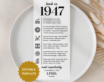 79th Birthday Decorations Way Back in 1947 Trivia Card 1947 Fun Facts Born in 1947 Birthday Table Card Mom's 79th Dad's Birthday Gift UC1