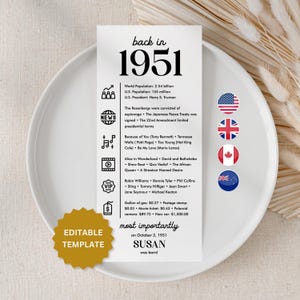 75th Birthday Decorations 1951 Trivia Fun Facts Born in 1951 Birthday Table Card 75th Birthday Gift for Her for Him Way Way Back in 1951 UC1