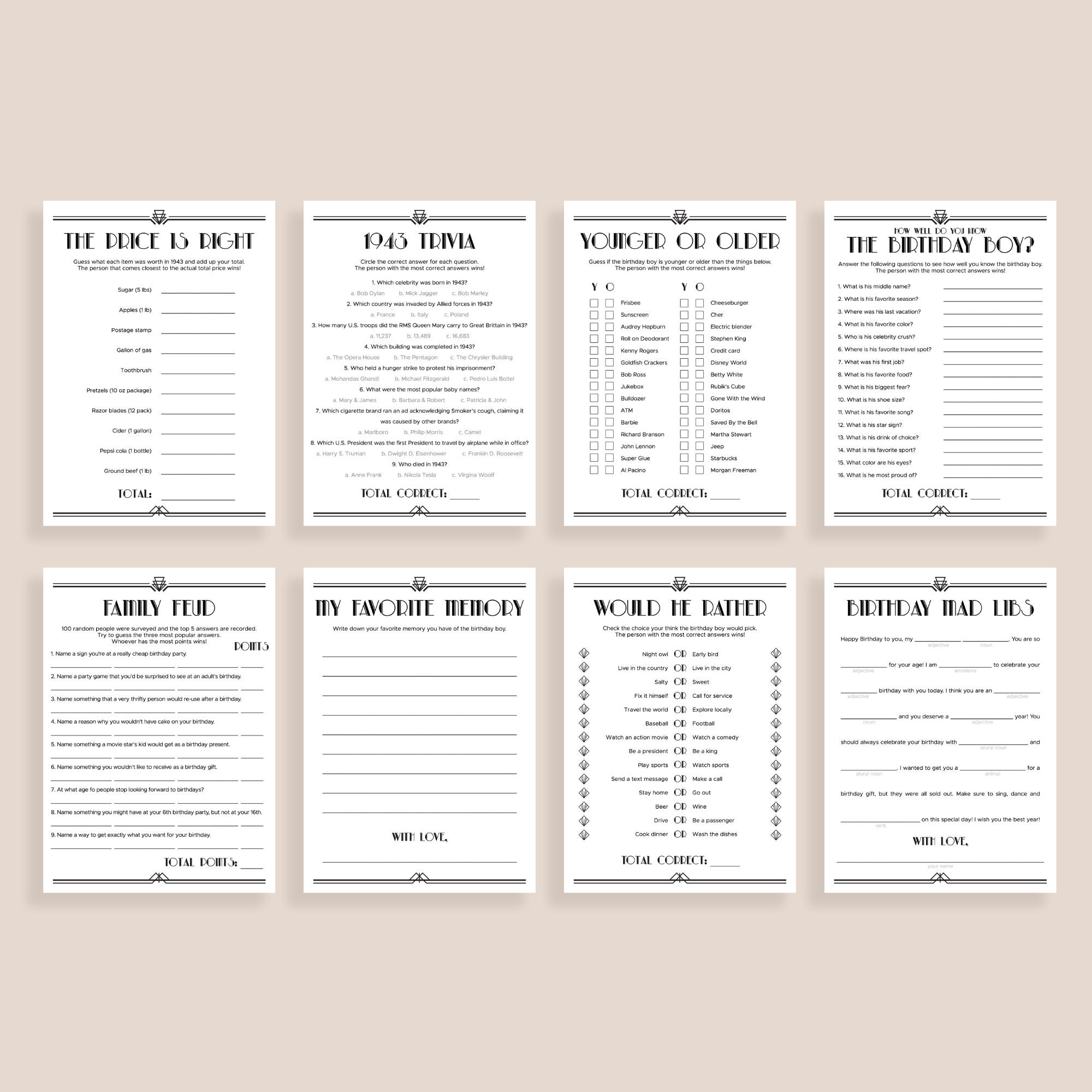 Born in 1943 Birthday Games Bundle Printable Turning 81st Birthday ...