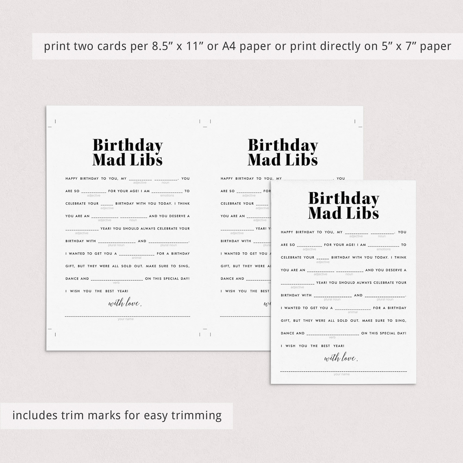 Birthday Mad Libs Printable Modern Birthday Party Games Gender Neutral