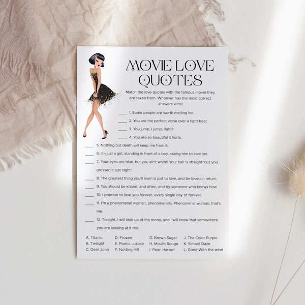 Movie Love Quotes Game Printable | Flapper Movie Night Activity Idea, Roaring Twenties Girls Night In Game, Romcom Quotes, Great Gatsby SF1