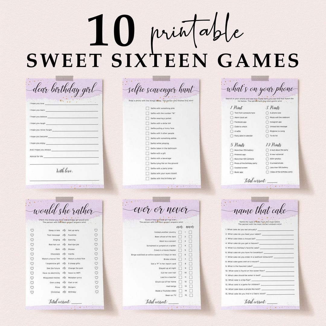 sweet 16 party games pack printable sixteenth birthday games pack