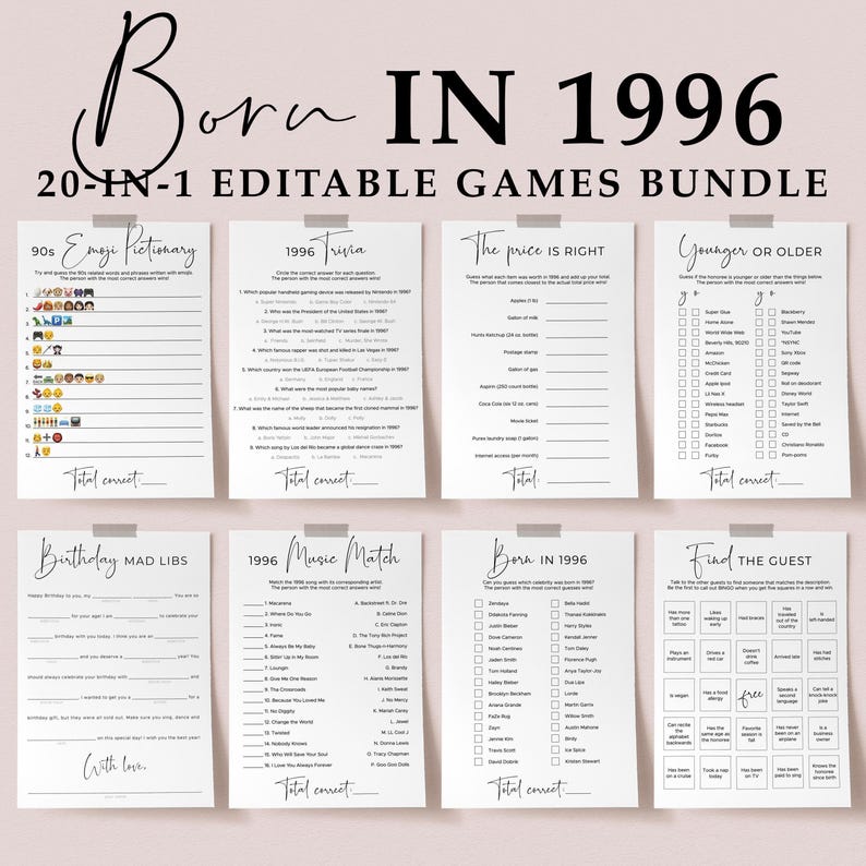 30th Birthday Games for Women and Men Born in 1996 Birthday Party Game Personalized Birthday Games for Adults 90s Birthday 1996 Trivia SP2 image 1